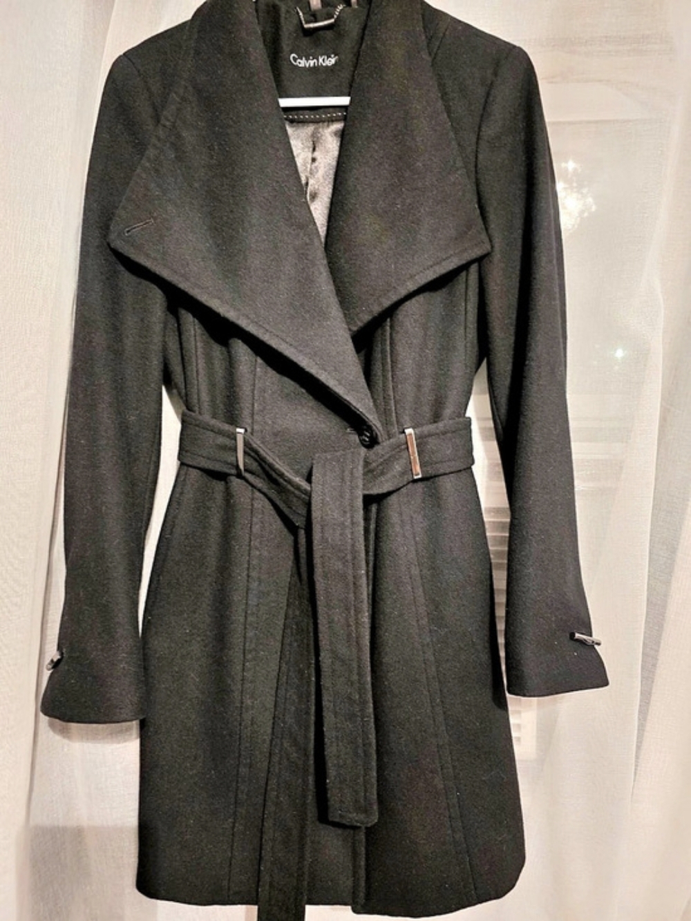 Calvin Klein Wool Blend Belted Trench Coat Black